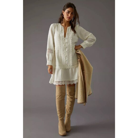 Anthropologie Dresses & Skirts - Anthropologie Button-Front Mini Dress Ivory Size Small Lacey Boho Western NWT